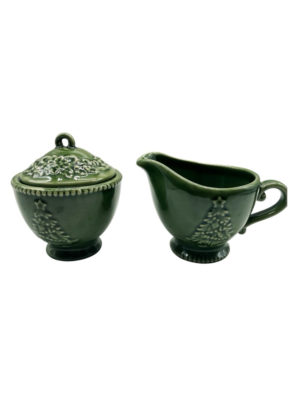 CRACKER BARREL Green  Ceramic CHRISTMAS Set Creamer And Sugar Bowl With Lid